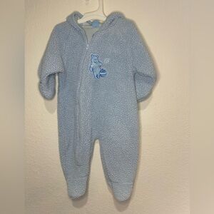 Vintage Blue Winnie the Pooh footed and bear ears hood onesie. Fuzzy and warm.